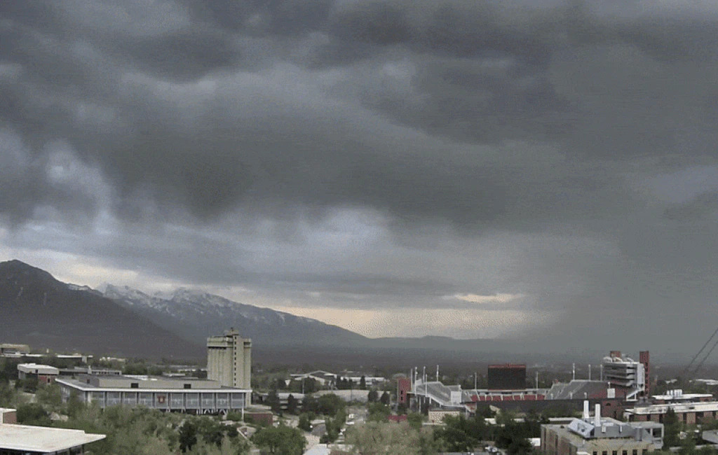 (MesoWest/University of Utah Department of Atmospheric Sciences) A webcam shows a time-lapse of a dust storm passing through the Salt Lake Valley Wednesday, May 17, 2023.